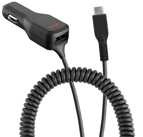 Car Charger USB Type C 4A w/ extra USB Black - Unwired Solutions Inc