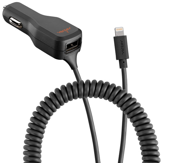 Corded Car Charger w/extra Lightning 3.4A Black - Unwired Solutions Inc